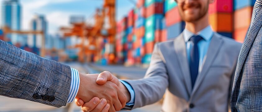 Export-import business. Businessmen shake hands at an industrial container terminal