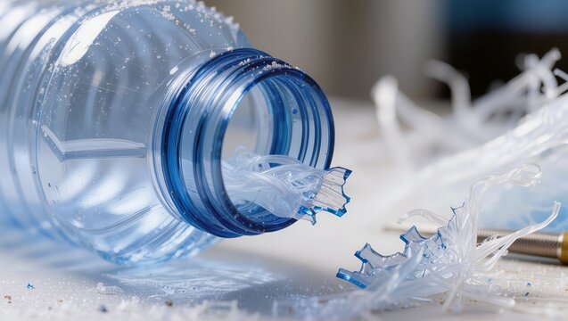 Macro view of a plastic bottle with rPET flakes and shredded plastic waste. Concept of circular economy, plastic recycling industry, environmental protection, and waste management