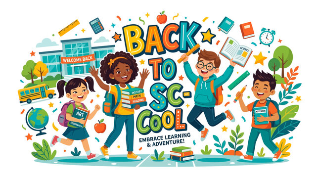 Children are jumping and playing outside school with backpacks and books on a fun learning day