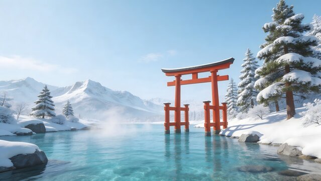 Snowy torii gate by mountain lake