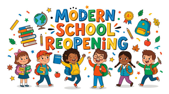 Children celebrate modern school reopening with colorful decorations