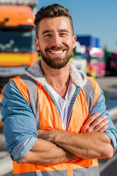 Smiling worker standing near trucks wearing high visibility vest working in logistics