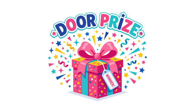 A colorful illustration of a gift box with a pink bow and confetti surrounding the words 'Door Prize' in a festive design.