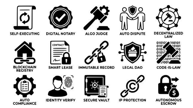 Blockchain technology icons for secure digital transactions and law