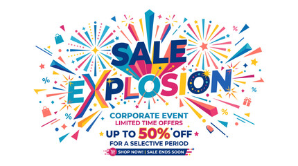 Fototapeta premium A vibrant sale explosion advertisement displays colorful fireworks and promotional text at a corporate event.