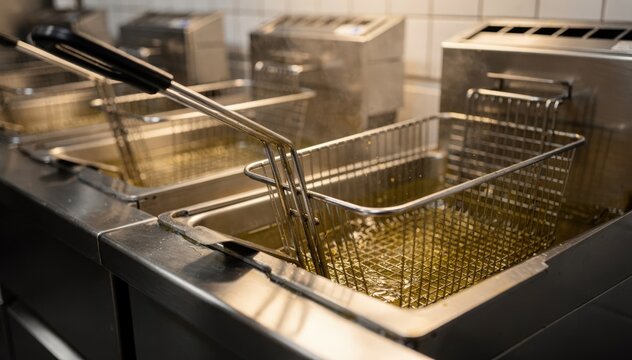 Closeup on corner fryer station with main baskets in sharp focus background fryers softened to highlight safe oil handling.