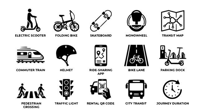 Urban transportation icons for city travel and commuting solutions