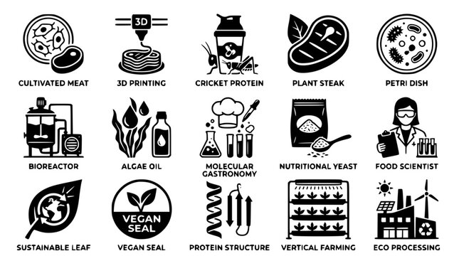Sustainable food production and alternative protein sources icons