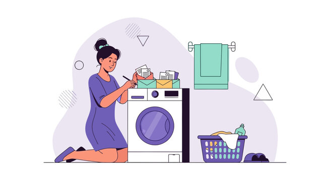 Woman doing laundry, sorting clothes and mail near washing machine and basket