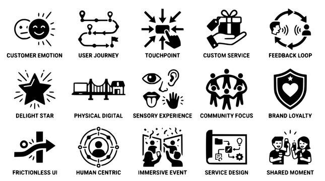Collection of black and white business and customer service icons
