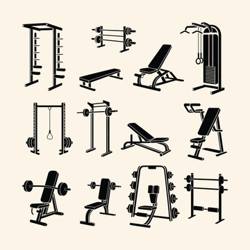 Black Silhouette Icons of Gym Equipment fitness workout