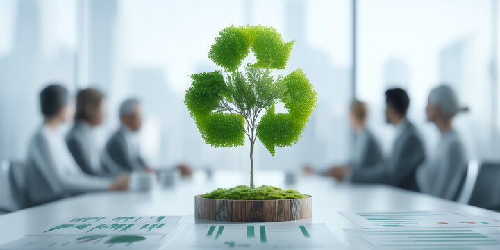 Executive boardroom discussion on ESG strategy with sustainability reports charts and stakeholder impact analysis supporting governance transparency