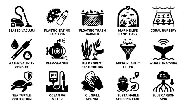 Ocean conservation icons for sustainable marine protection solutions