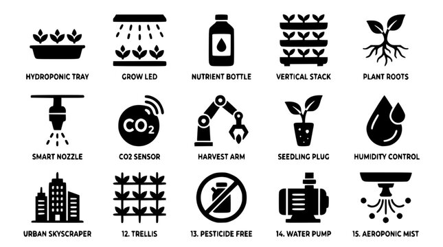 Urban farming technology and hydroponic system icons