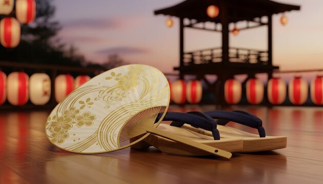 Traditional japanese dance bon odori festival concept featuring wooden geta sandals and a decorative uchiwa fan on a terrace with glowing paper lanterns at sunset