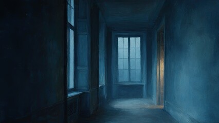 Fototapeta premium 青い光が差し込む幻想的な廃墟の廊下 背景イラスト
