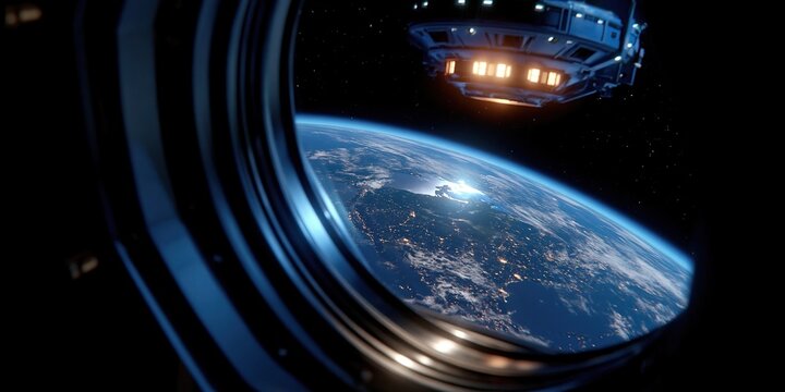 A spaceship near the night planet Earth, as seen from the porthole.