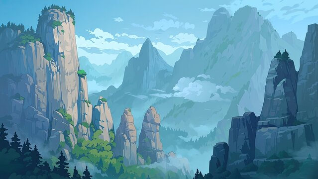 霧に包まれたカルスト地形の幻想的な山岳風景イラスト