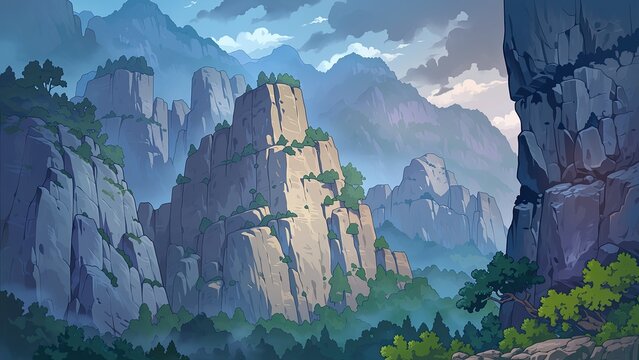 雄大なカルスト岩山と渓谷の幻想風景イラスト