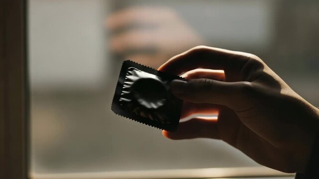 Silhouette of hands holding a dark condom packet in soft lighting