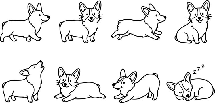 Pembroke Welsh Corgi Dog Poses Set: Walking Standing Running Sitting Howling Lying Stretching and Sleeping Playful Naive Doodle Line Art Minimal Vector Illustration