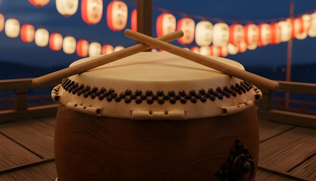 Traditional taiko drum with bachi sticks at a Japanese Bon Odori festival with glowing lanterns at night, representing a cultural celebration and traditional music concept
