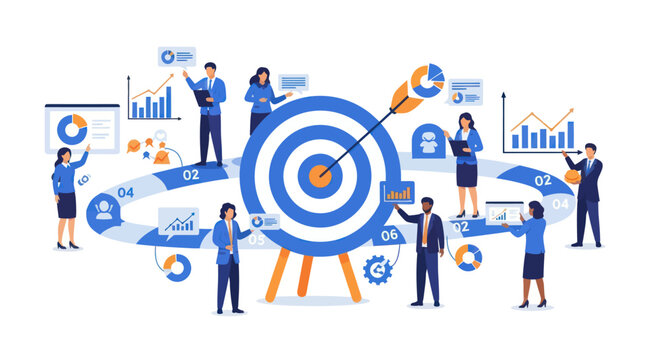 Business team achieving target goal through marketing strategy and data analysis.