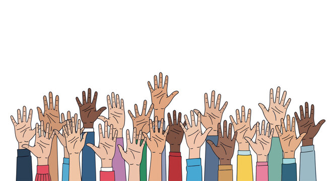 Diverse hands raised together for unity and community participation illustration.