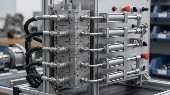 Closeup medium shot of stackable hydraulic manifold units paired with actuators highlighting modular configuration adaptability.