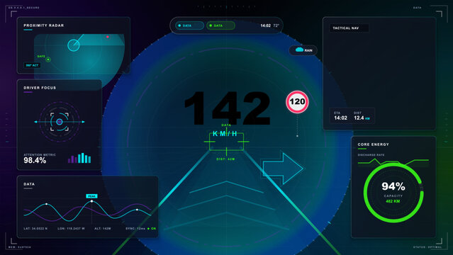 Augmented reality car windshield HUD with speed display, lane guidance, turn arrow, proximity radar, driver focus panels and energy gauge.