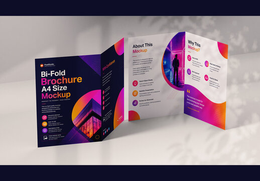Realistic Bi-Fold Brochure A4 Mockup Shadow Overlay Layout