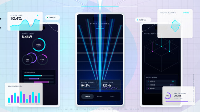 Modern stage lighting control dashboard with blue laser beams, output gauges, beam intensity chart, spatial mapping panel and clean grid UI.