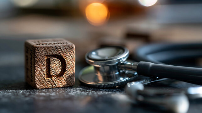 A wooden block with the words vitamin d engraved beside a stethoscope on a black background, vitamin d symbol, wooden block, stethoscope, black background, medical concept,