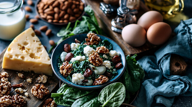 A flat lay of vitamin b2 rich foods including dairy, eggs, almonds and leafy greens on a linen cloth, vitamin b2 sources, riboflavin foods, dairy, eggs, almonds, leafy greens,