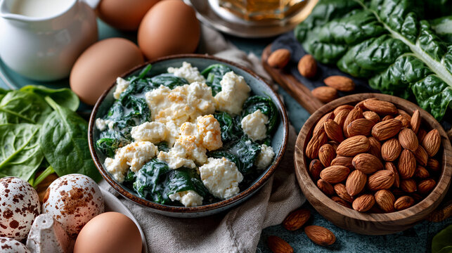 A flat lay of vitamin b2 rich foods including dairy, eggs, almonds and leafy greens on a linen cloth, vitamin b2 sources, riboflavin foods, dairy, eggs, almonds, leafy greens,