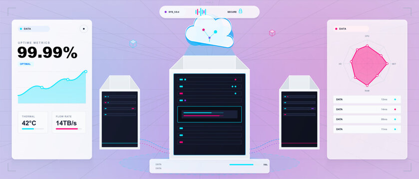 Futuristic data center dashboard with cloud server racks, uptime metrics, radar chart and clean pastel interface on light grid background