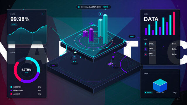 Isometric futuristic data analytics dashboard with glowing bar charts, circular gauges, small robot figures and neon panels on dark grid background