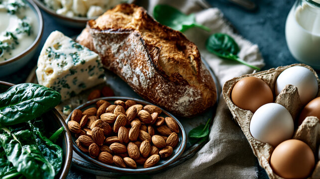 A flat lay of vitamin b2 rich foods including dairy, eggs, almonds and leafy greens on a linen cloth, vitamin b2 sources, riboflavin foods, dairy, eggs, almonds, leafy greens,