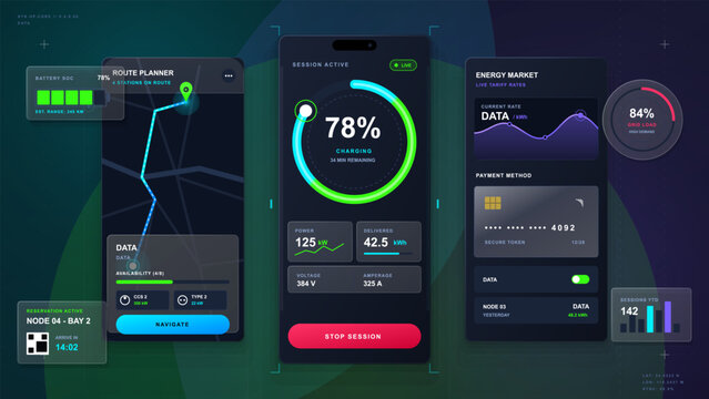 Dark electric vehicle charging app dashboard with route planner map, battery gauge, energy market panel, payment card and neon analytics interface