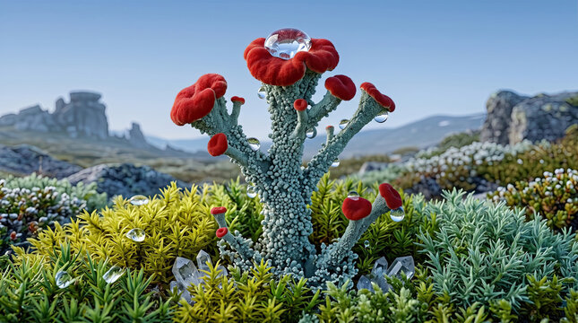Red cup lichen growing on a rocky mountain landscape with water droplets and crystal rocks