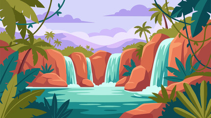 Vibrant tropical jungle landscape illustration with multiple waterfalls and lush foliage © IsoMatrix