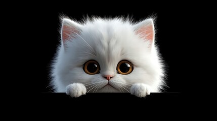 Adorable fluffy white kitten with big eyes peeking over a black edge