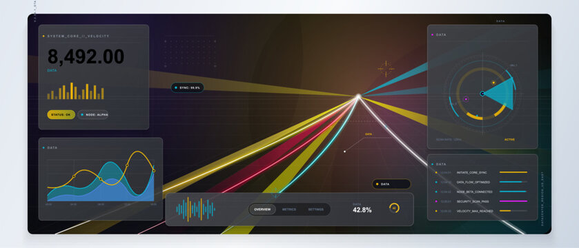 Dark futuristic dashboard with neon speed light beams, motion trail perspective, radar scanner, analytics charts and data status panels