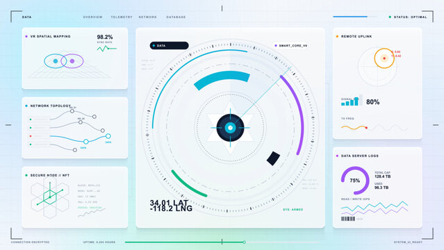 Light futuristic technology dashboard with circular scanner map, VR spatial mapping, network topology, remote uplink and data server log panels