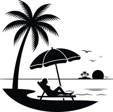 Tropical beach scene silhouette with palm trees beach chair and sunset