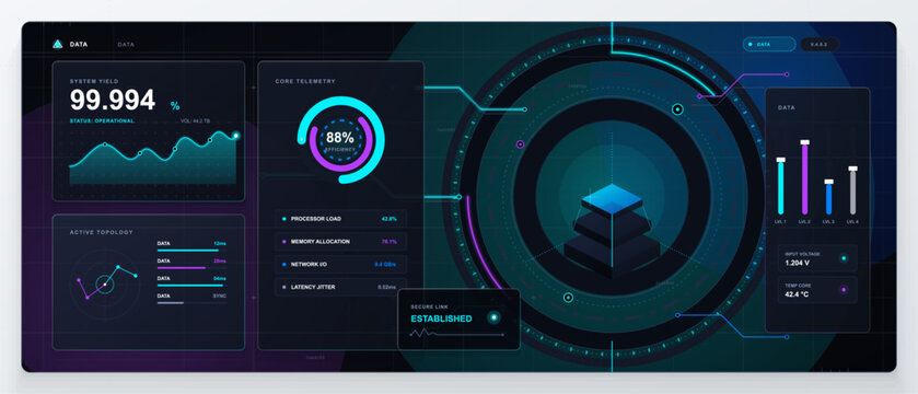 Futuristic dark technology dashboard with neon cyan and purple charts, circular interface, data panels, and glowing circuit grid details.