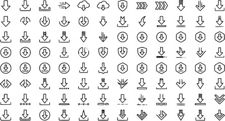 Fototapeta premium Technology Internet Download Icons Set. Modern Line Art UIUX Glyphs for Web Mobile Apps, File Transfer, Cloud Data Storage, and User Interface.