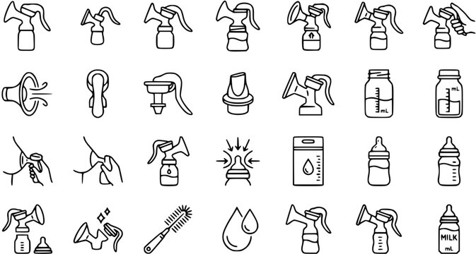 Breastfeeding  Breast Pump Line Art Icons Set. Motherhood, Baby Care  Medical Outline Symbols for Infant Feeding, Pumping, and Pregnancy Health.