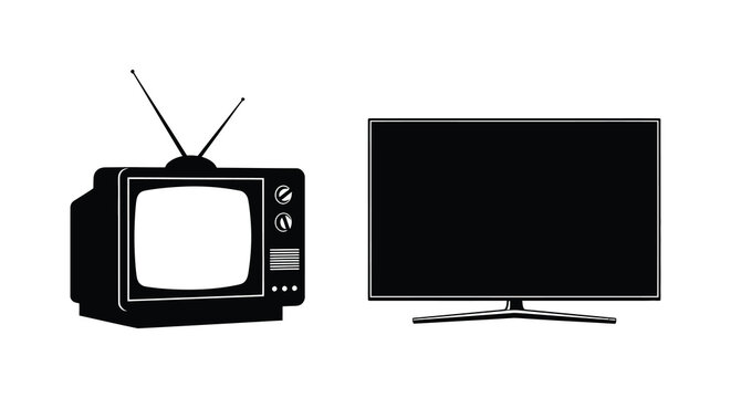 Vintage television and modern flat screen tv silhouettes on white