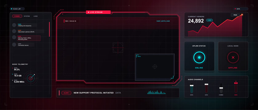 Futuristic live stream interface with red neon frame, dashboard panels, viewer chart, node telemetry, and audio controls on black grid background